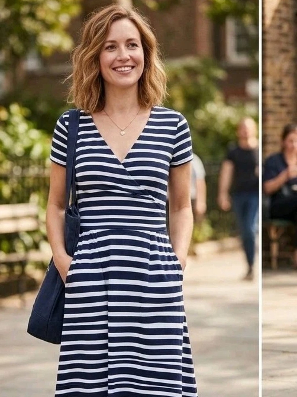 Boden Lola Jersey Dress US 4R Navy White Striped Faux Wrap V-Neck Pockets WH760
